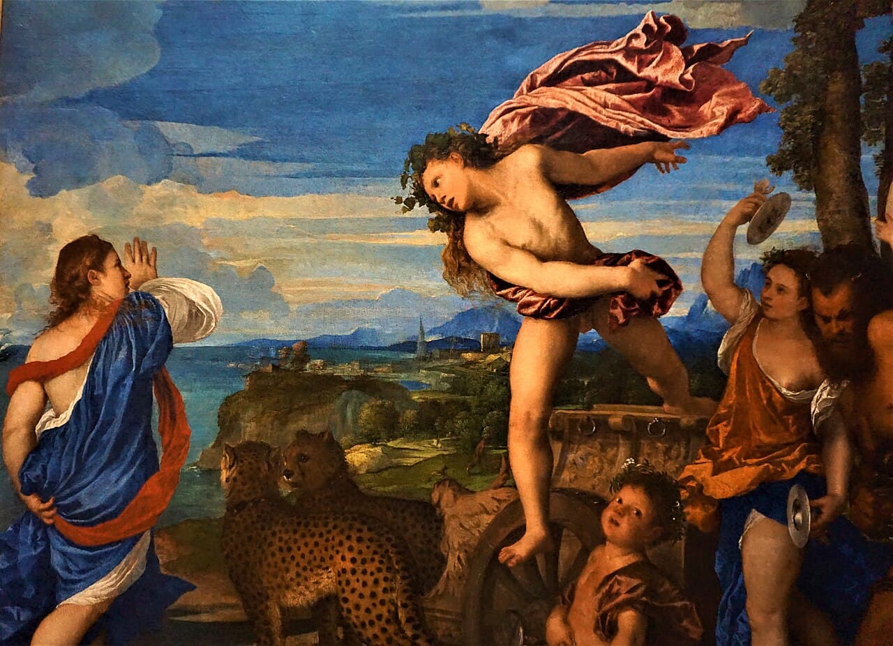 Titian's Bacchus and Ariadne with Bacchus leaping from his chariot