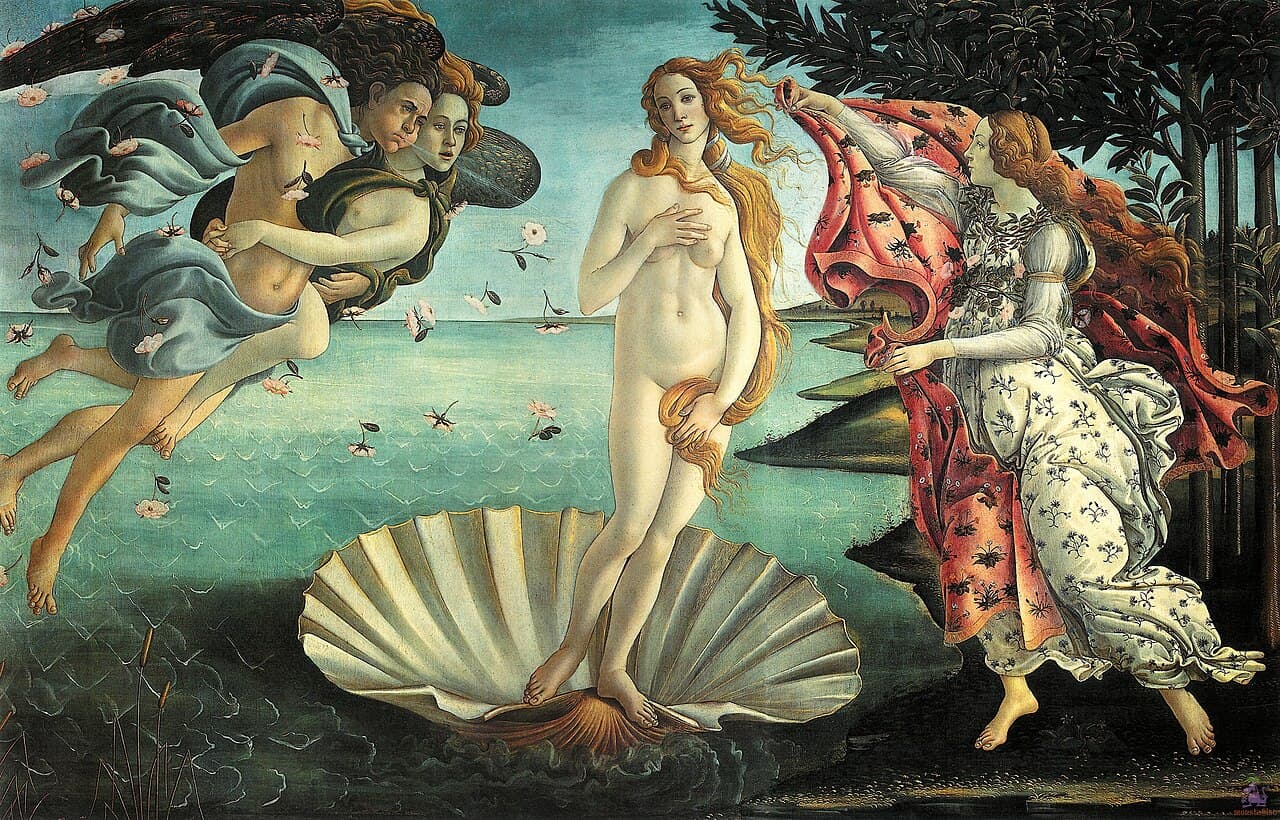 Botticelli's Birth of Venus, with Venus standing on a shell