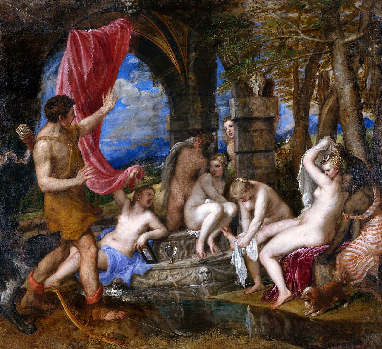 Titian's Diana and Actaeon at the moment the hunter enters Diana's bathing place