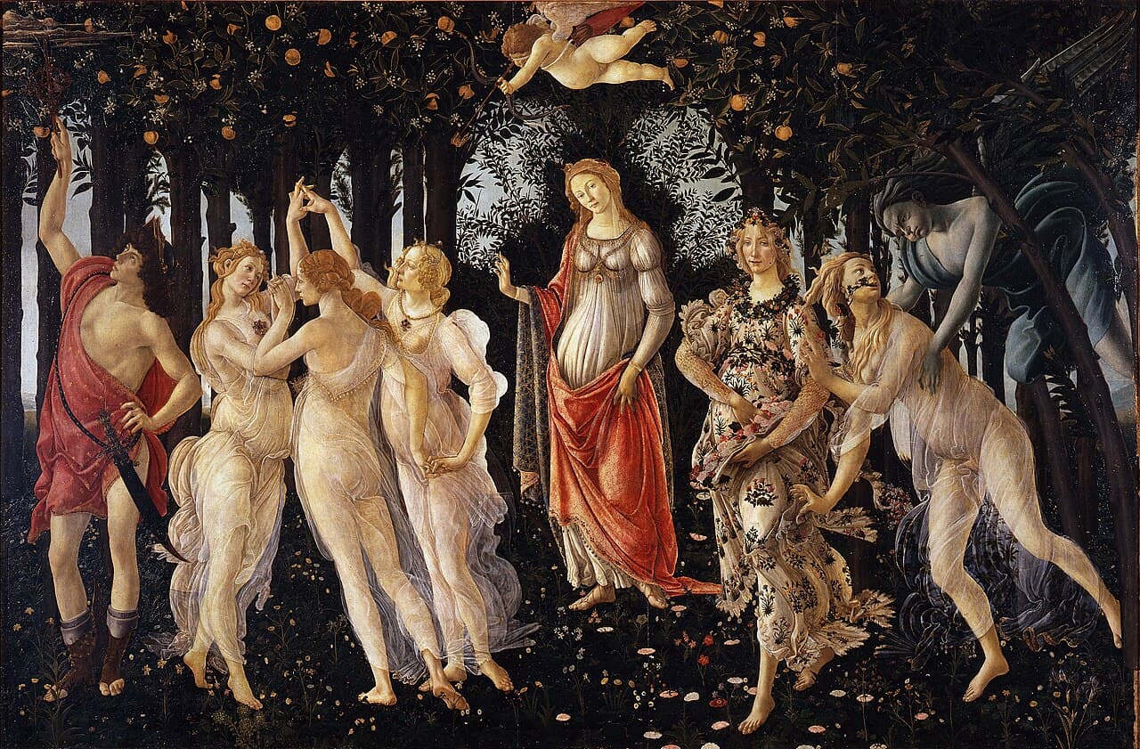 Botticelli's Primavera with Venus at the center of a mythological garden