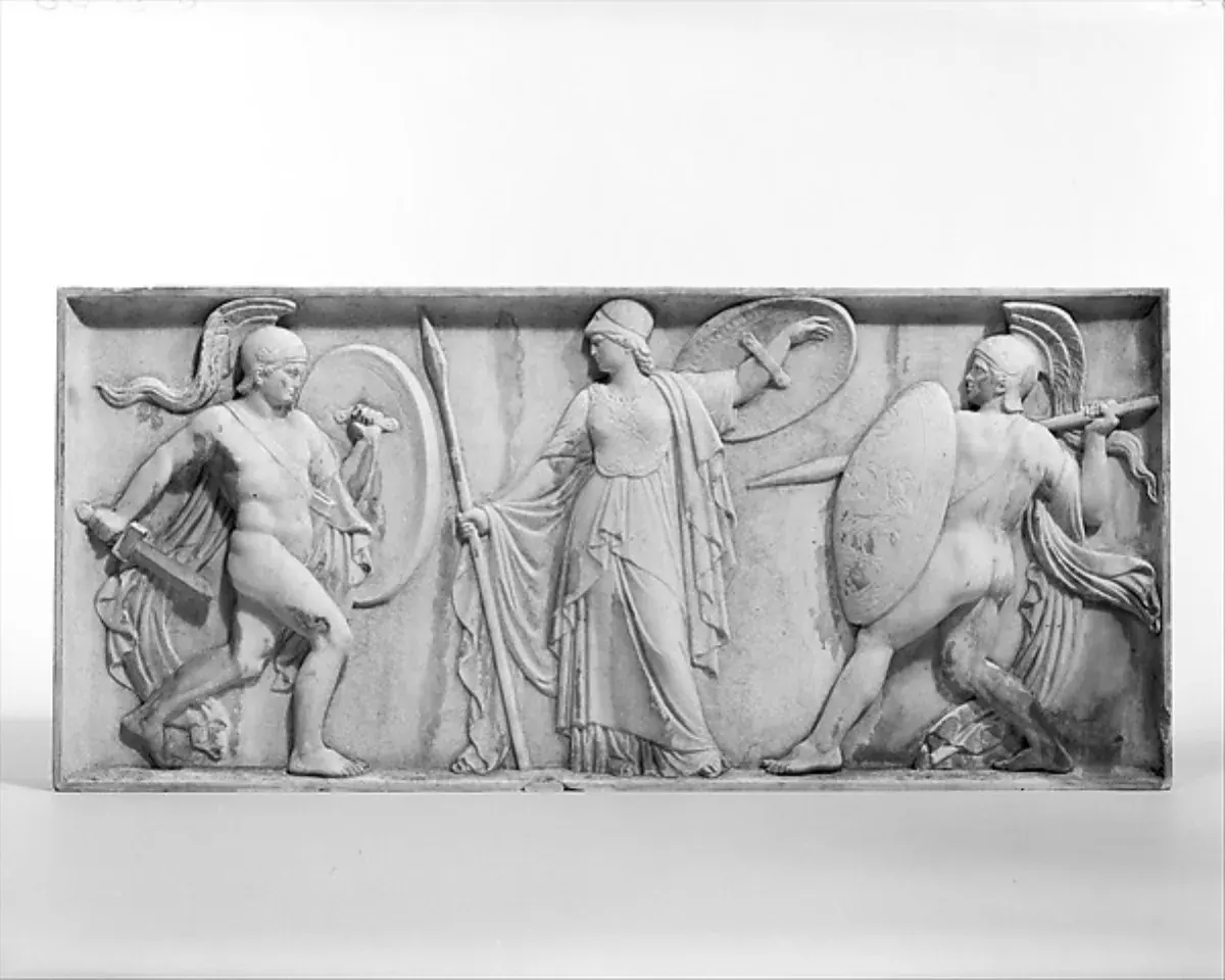 White marble relief of Achilles, Athena, and Hector