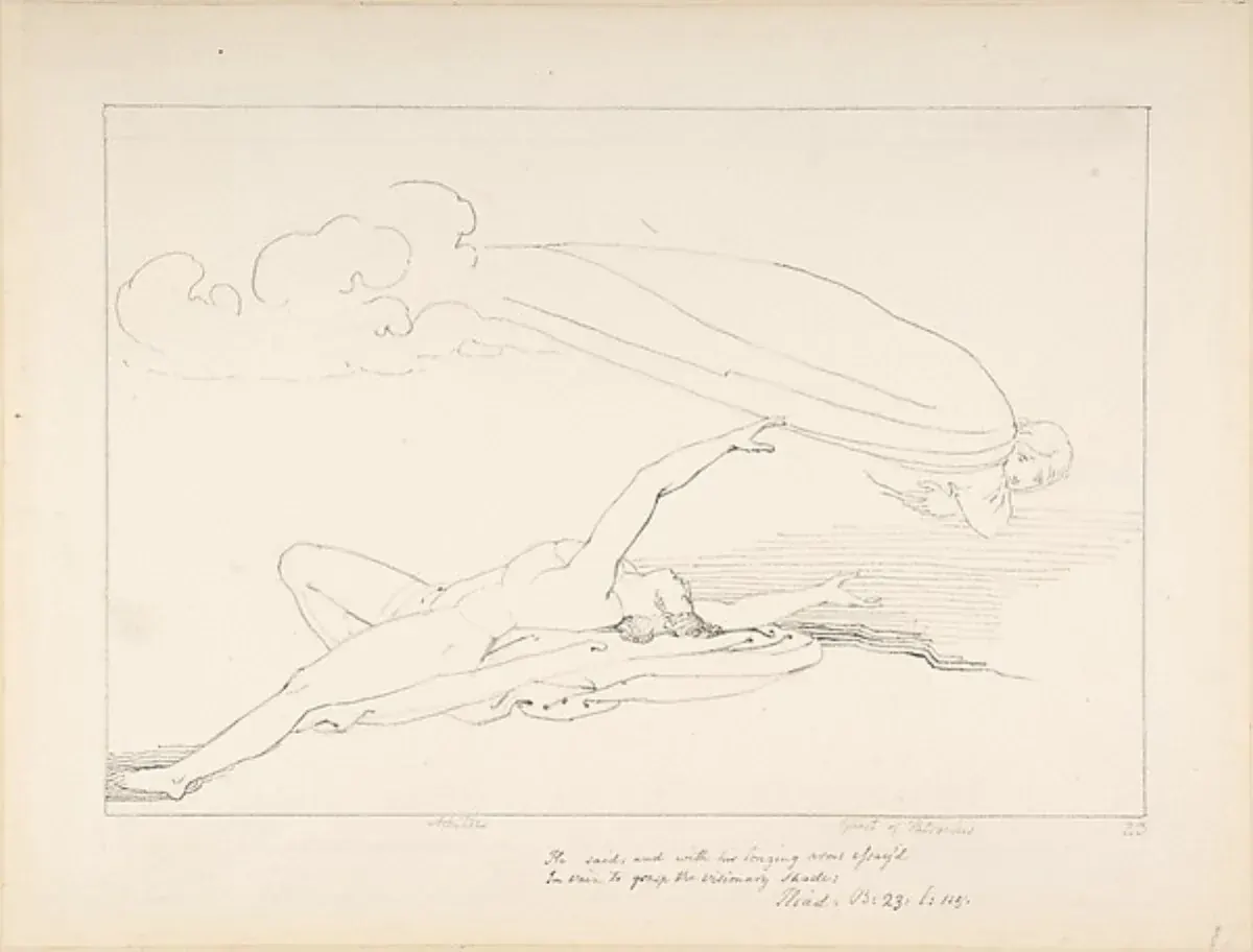 Flaxman drawing of the shade of Patroclus above the sleeping Achilles