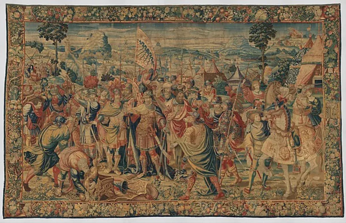 Large tapestry of Agamemnon mustering troops at Aulis