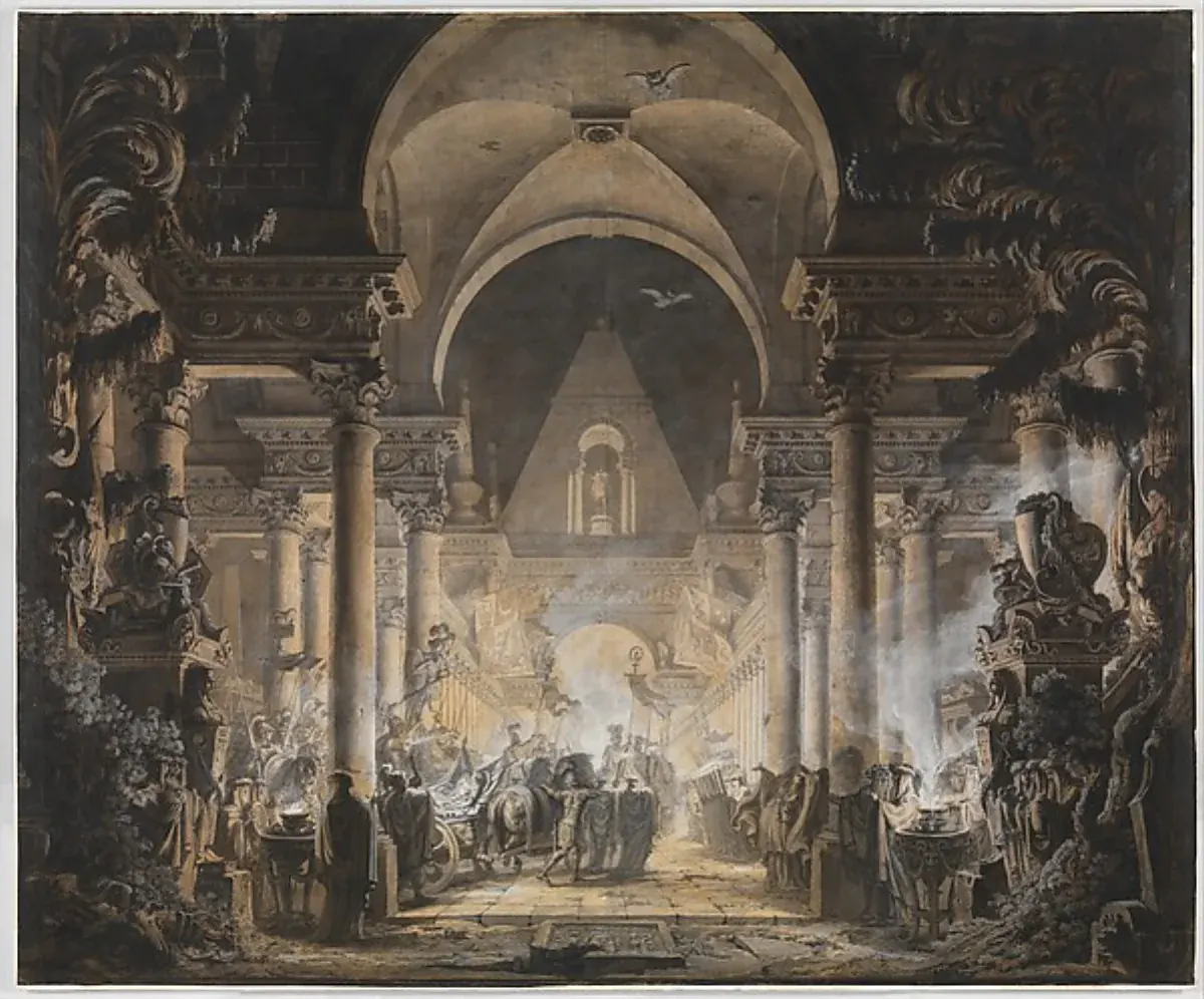 Dark architectural stage design for the tomb of Agamemnon