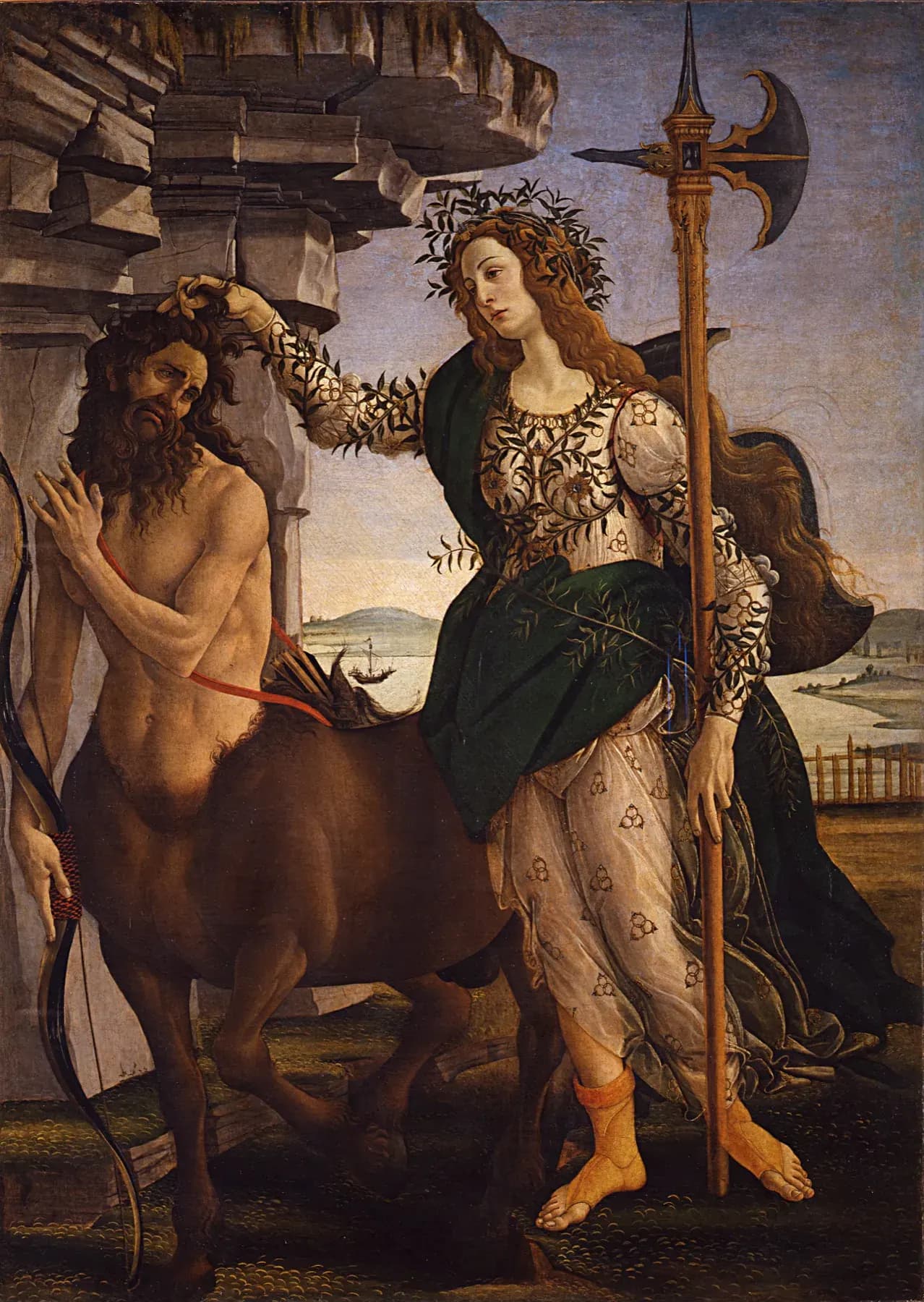 Botticelli painting of Pallas or Camilla restraining a centaur