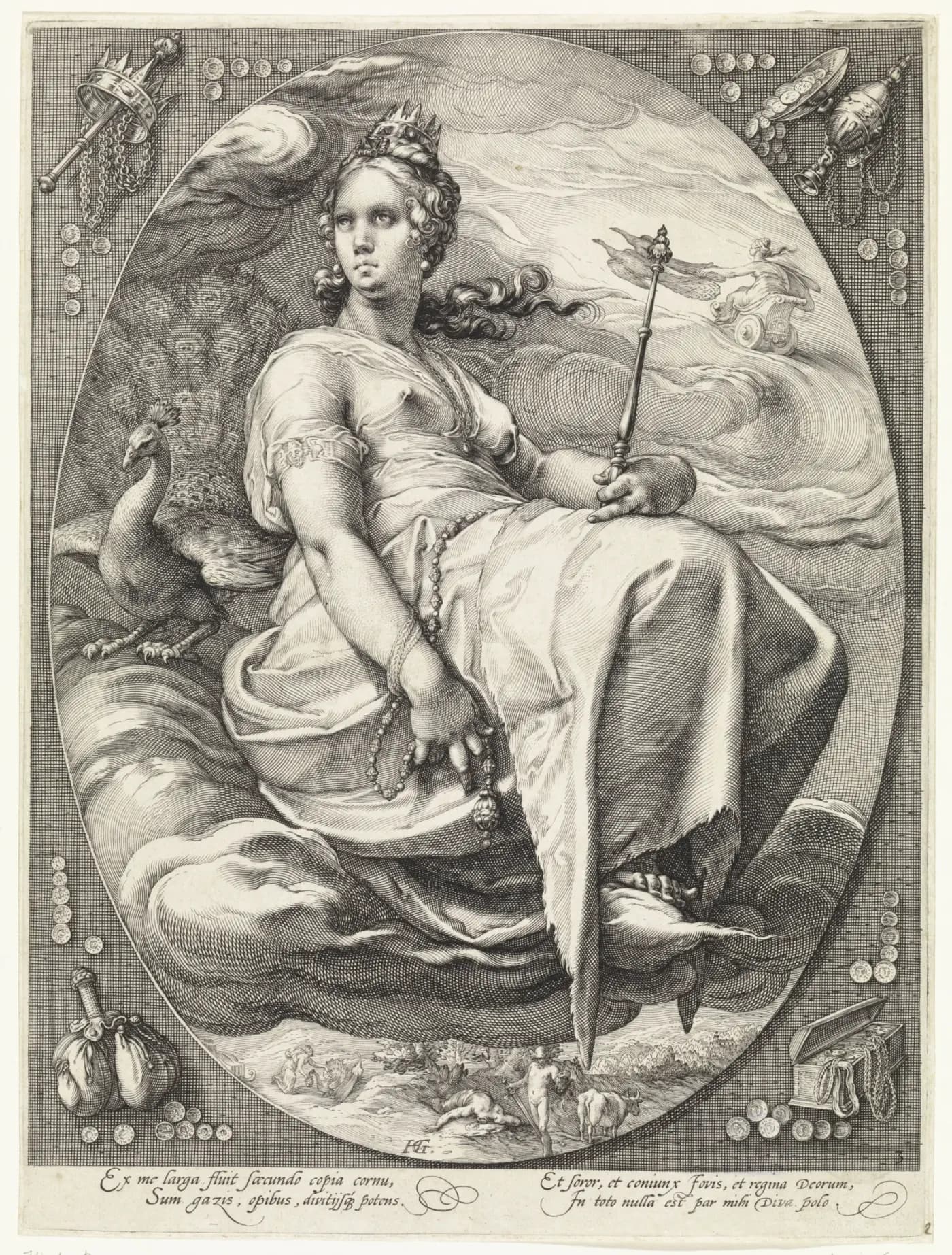 Hendrick Goltzius engraving of Juno with a peacock