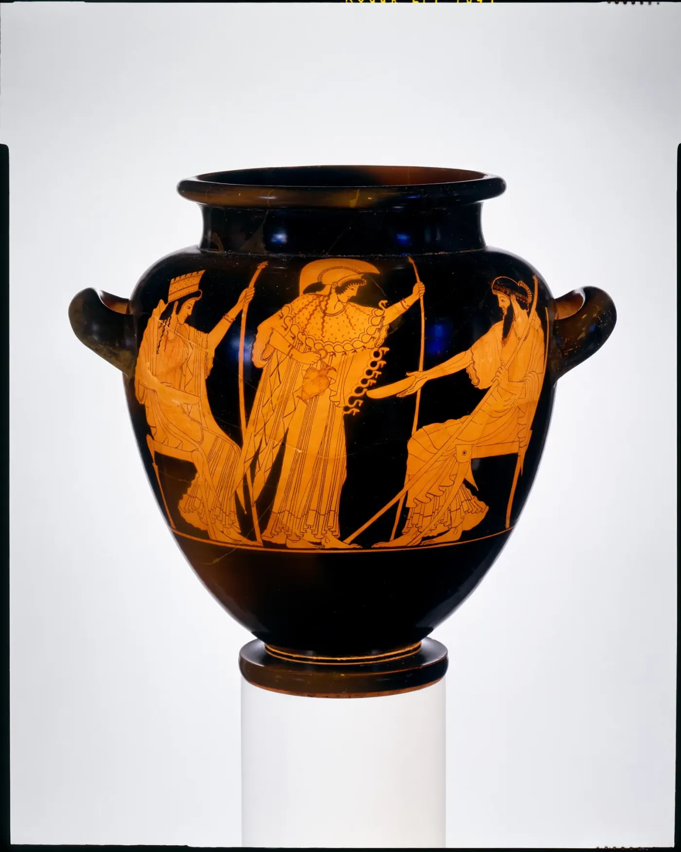 Attic red-figure stamnos by the Berlin Painter showing Hera, Zeus, and Athena
