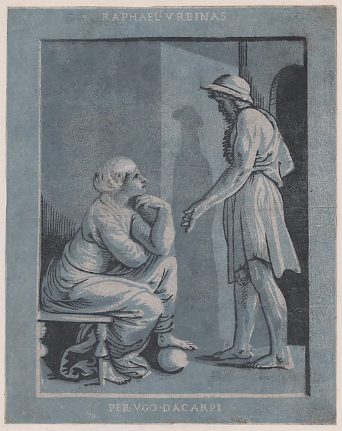 Blue-gray chiaroscuro woodcut of Penelope and Odysseus