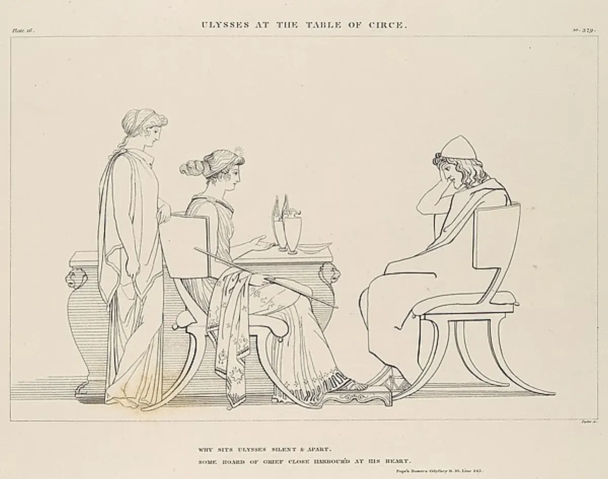 Line engraving of Ulysses seated opposite Circe