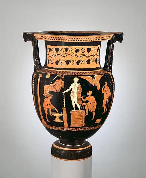 Apulian column-krater showing an artist painting a statue of Herakles while Zeus presides above