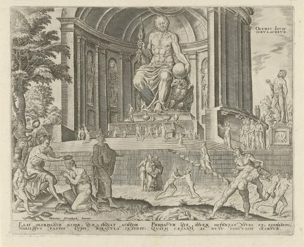 Sixteenth-century engraved reconstruction of the colossal seated Statue of Zeus at Olympia