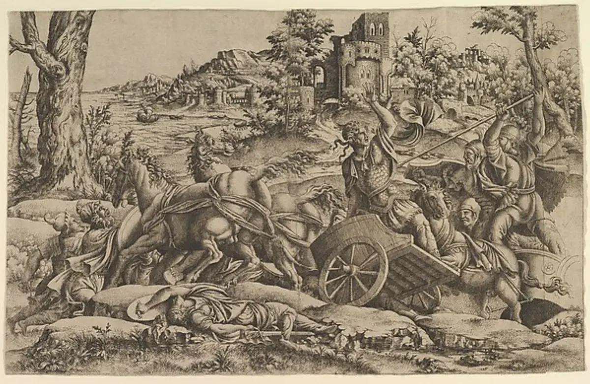 Renaissance print of Agamemnon killing Odios in battle