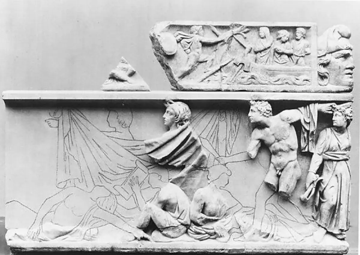 Roman sarcophagus fragment with scenes from the Oresteia
