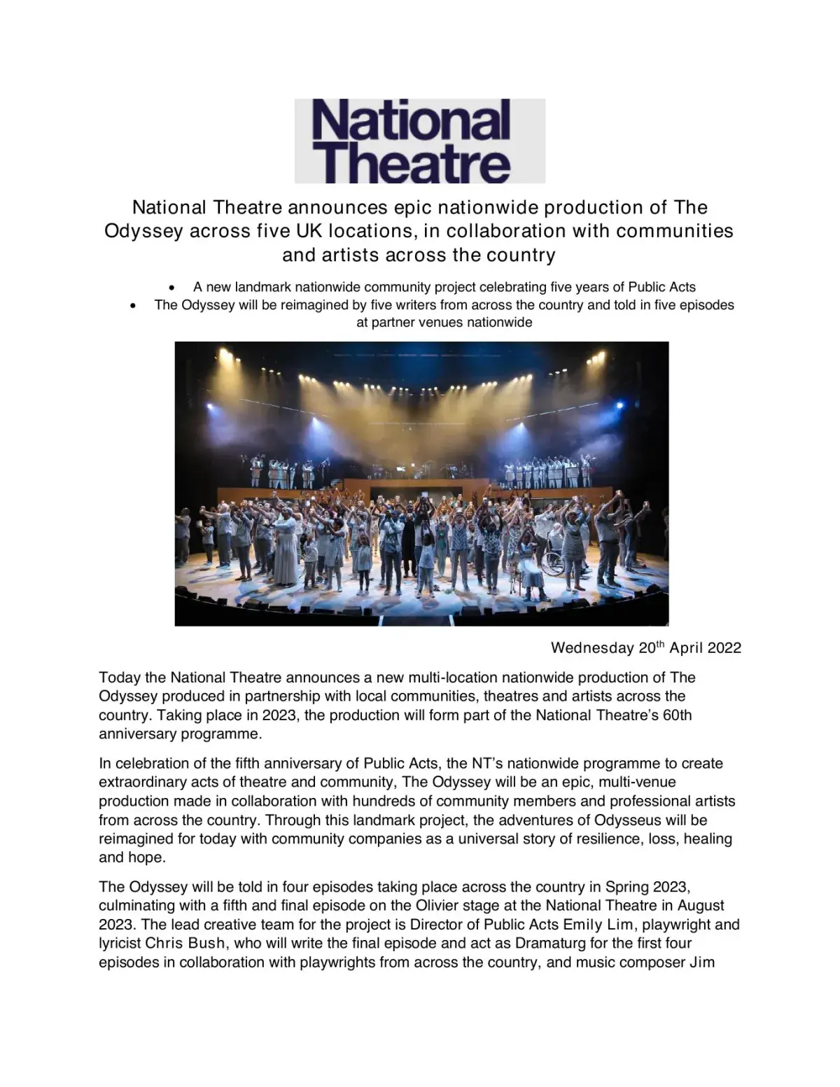 National Theatre press sheet for the nationwide production of The Odyssey