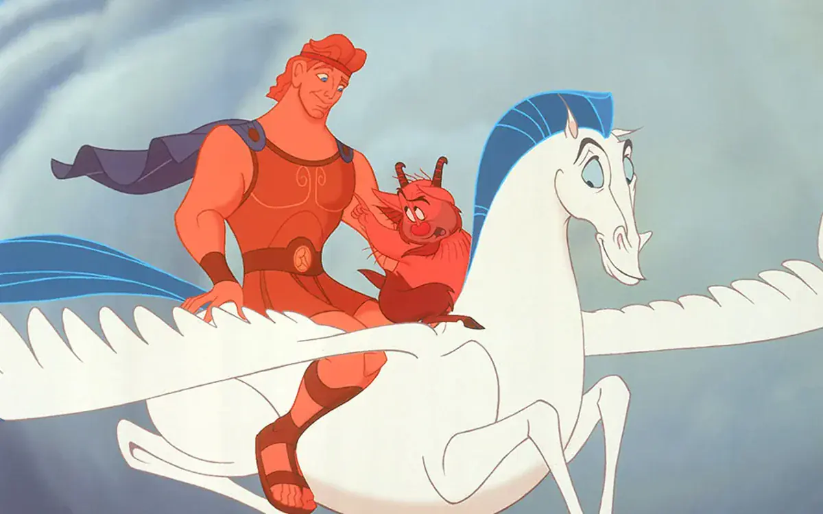 Official Disney image of Hercules riding Pegasus from the 1997 animated film