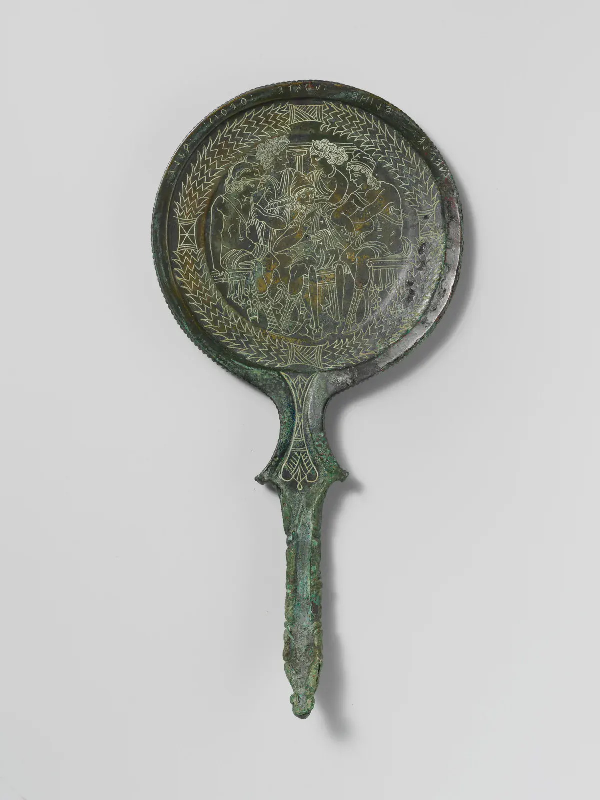 Etruscan bronze mirror inscribed with Odysseus, Achilles, Thetis, Helen, and Menelaus