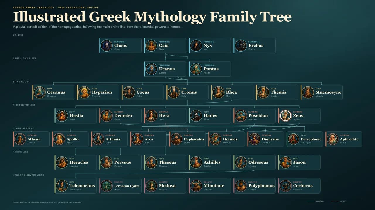 Illustrated Greek mythology family tree from primordial powers to Olympians and heroes
