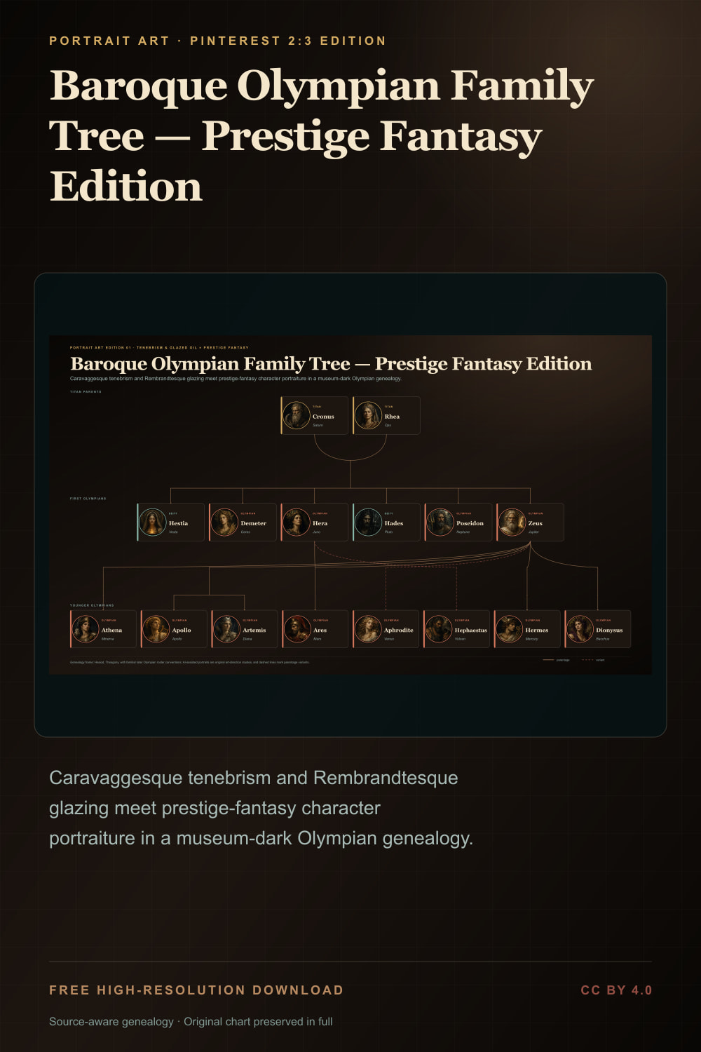 Baroque-style Olympian gods family tree with dramatic oil-painted portraits and verified genealogy lines — Pinterest 2:3 edition