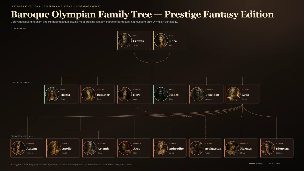 Baroque-style Olympian gods family tree with dramatic oil-painted portraits and verified genealogy lines