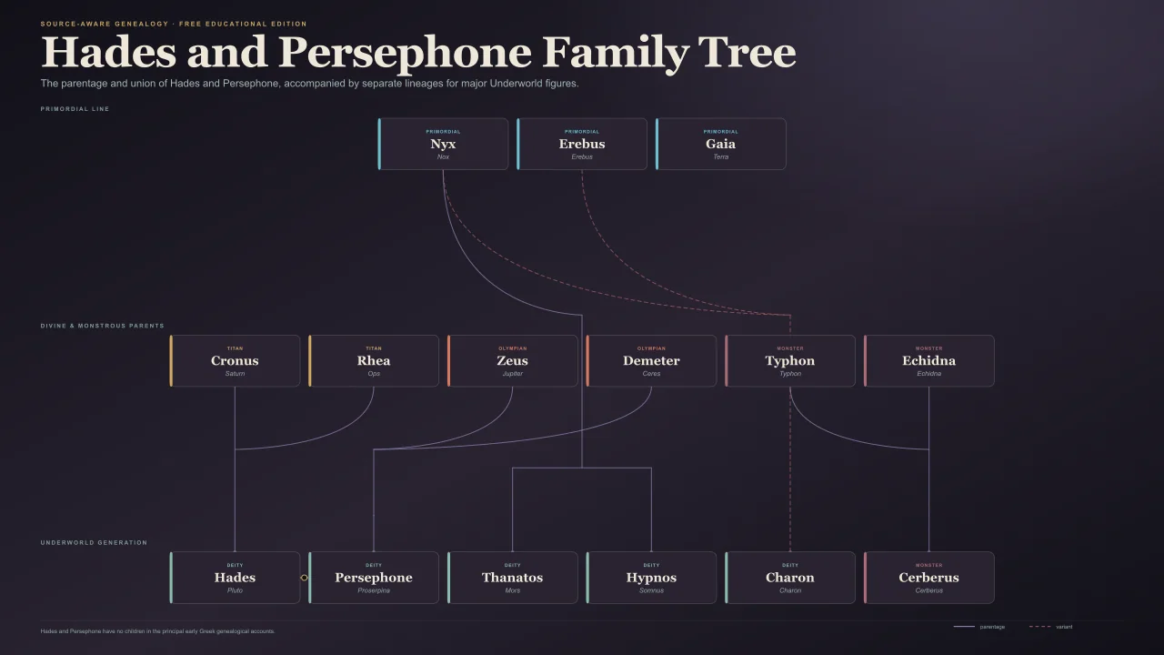 Hades and Persephone family tree with Underworld figures