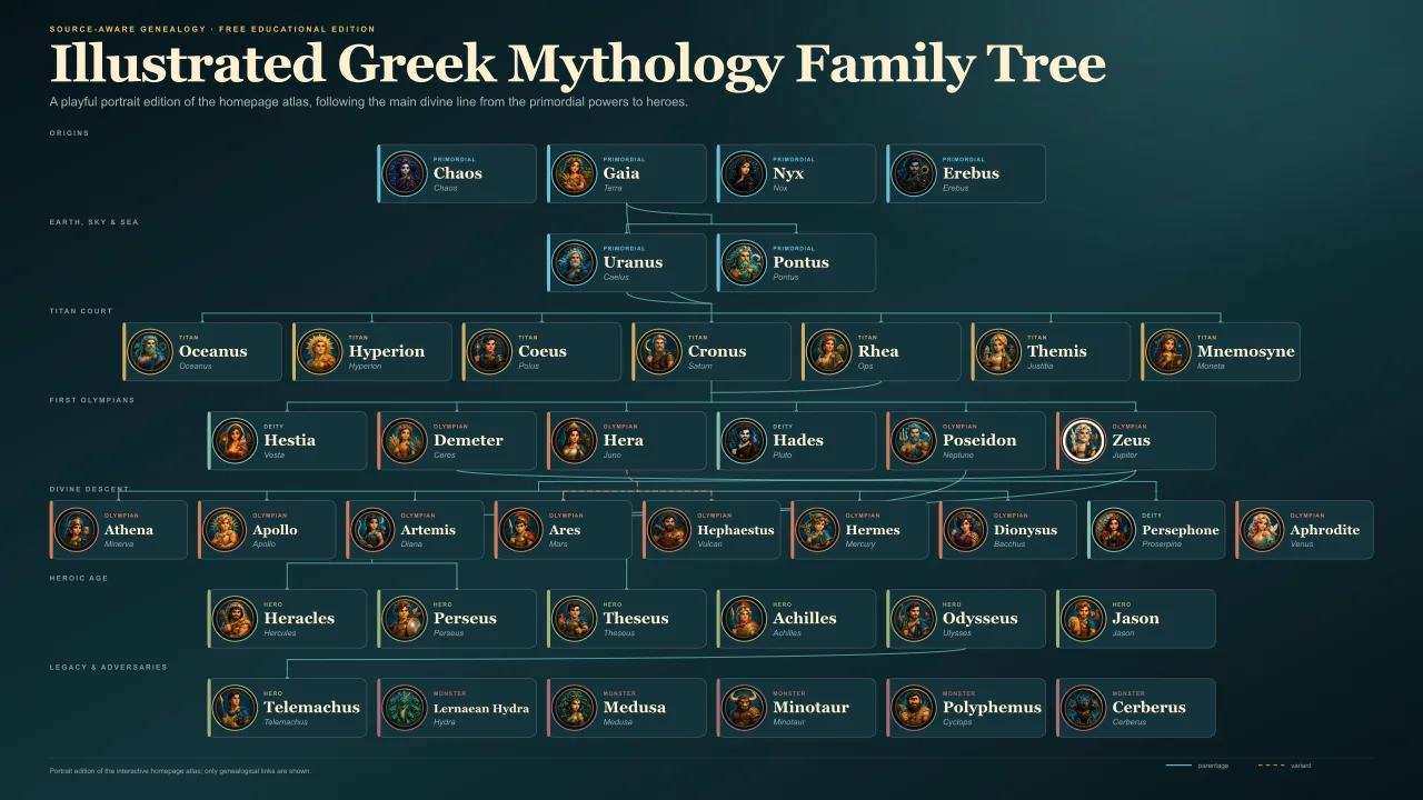 Illustrated Greek mythology family tree with character portraits from Chaos and Gaia to the Olympians and heroes