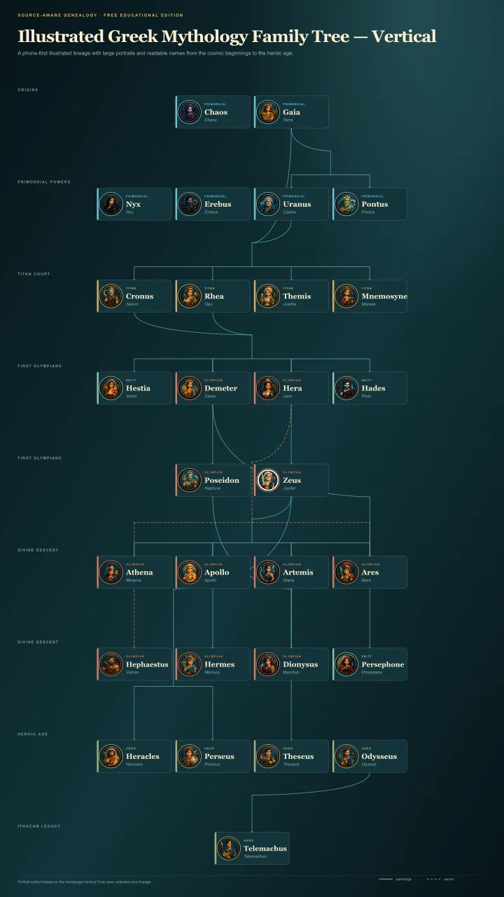 Vertical illustrated Greek mythology family tree with portraits for mobile reading