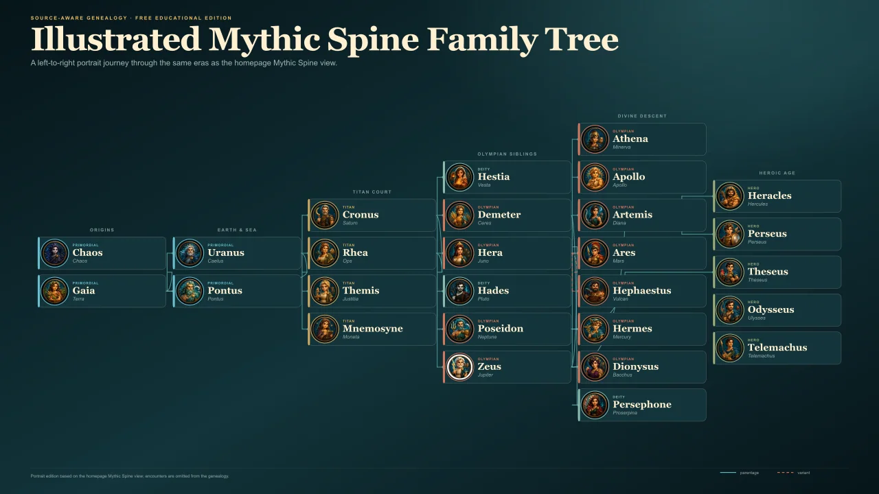 Left-to-right illustrated Greek mythology family tree with portraits from origins to the heroic age