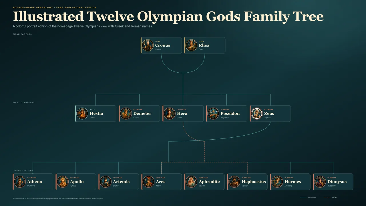 Illustrated family tree of the Twelve Olympian gods with character portraits and Roman names